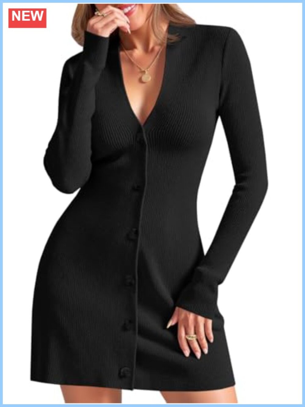 Deep V Neck Long Sleeve Knit Mini Sweater Dress Ruffle Hem Bodycon
